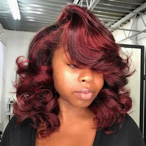 Medium Sew In Hairstyle With Bangs Weavehairstylescurly Sew In