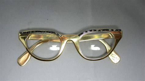 vintage 50s tura eyeglass frames gold with rhinestones tura