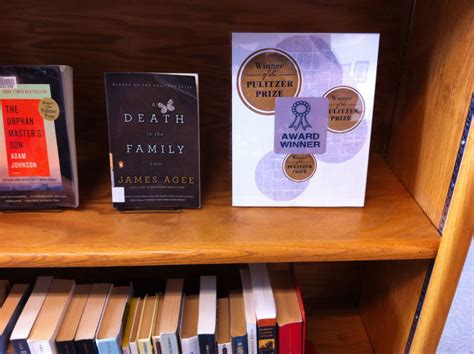 pulitzer prize winners display  mei secondary library featuring brodart genre label james