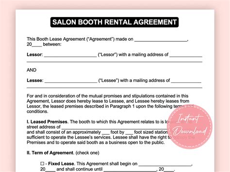 salon booth rental lease agreement  printable form templates