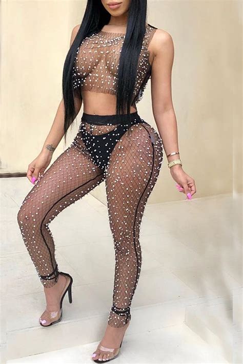 Lovely Sexy See Through Black Gauze Two Piece Pants Set