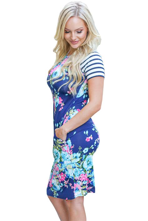 Sexy Royal Blue Striped Short Sleeve Body Hugging Floral Dress – Sexy