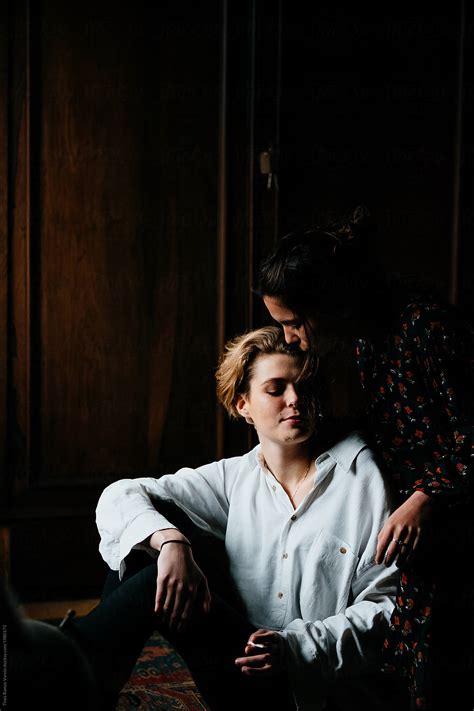 «portrait Of A Beautiful Lesbian Teen Couple In A Dark Room Del