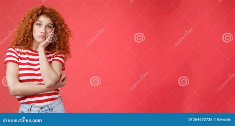 Playful Redhead Gorgeous Girl Feel Sad Lacking Energizing Party Lean