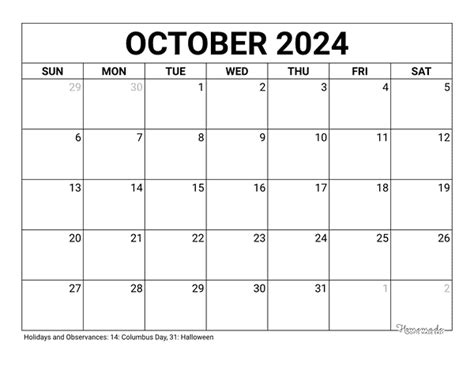 october  calendars  printable  holidays