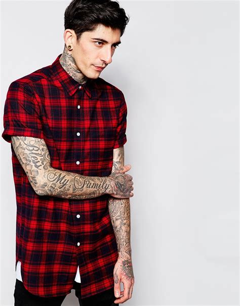 asos check shirt in flannel with short sleeve longline in red for men lyst