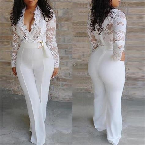 2020 women white lace jumpsuit sexy hollow out v neck long sleeve