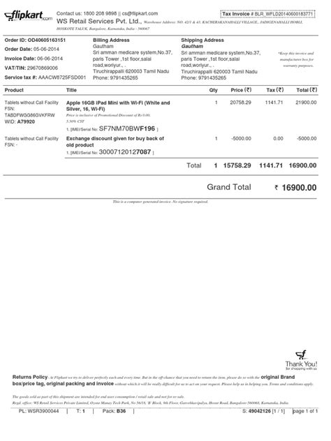 Invoice OD40605163151 Apple iPad Mini