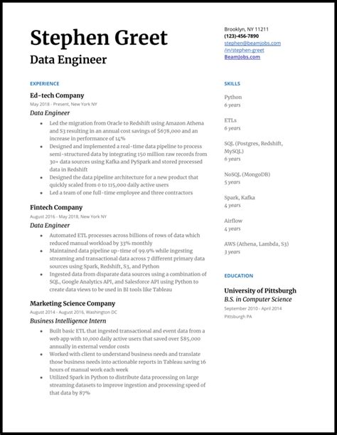 build  perfect data engineer resume  examples