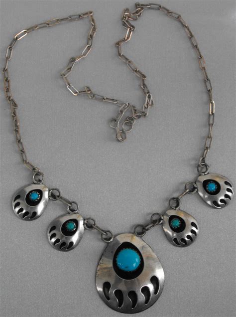 Navajo Sterling Silver Turquoise Bear Paw Necklace