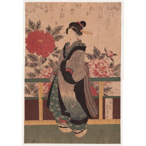 original woodblock print  utagawa kunisada   beauty  large peonies japan