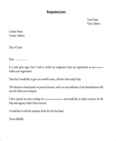 sample personal reasons resignation letters   word google