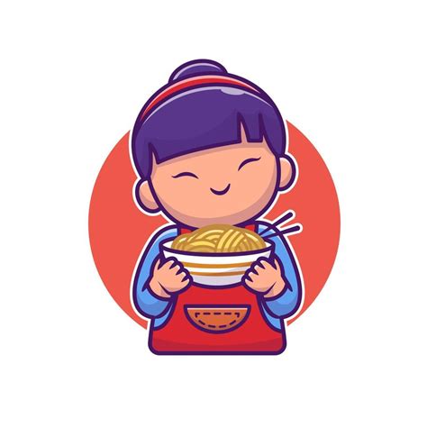 Cute Asian Girl Holding Noodle Cartoon Vector Icon Illustration People