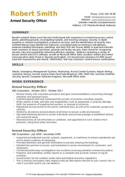 armed security officer resume samples qwikresume