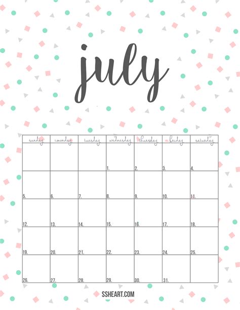printable july calendar ssheart