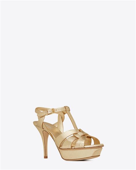 saint laurent tribute 75 sandal in pale gold cracked metallic leather