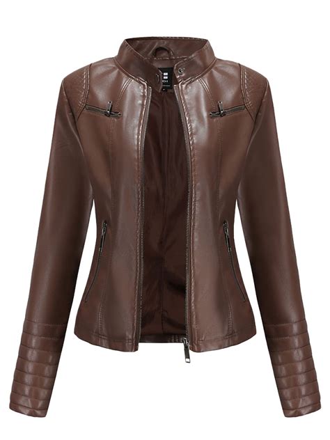 moto biker jacket coat  women collarless full zip  faux leather jacket outerwear ladies