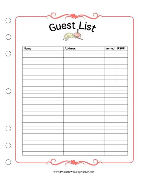 printable wedding guest list template printable templates