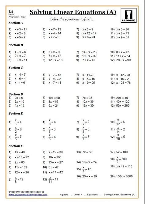 solving equations worksheets cazoom maths worksheets solving linear