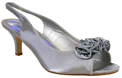 ladies silver soft satin diamante slingbacks  heels bridesmaids wedding shoes