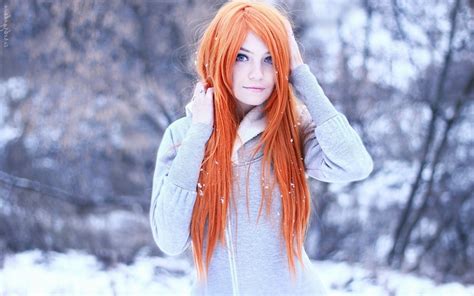 winter women redhead long hair bokeh blue eyes