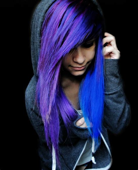 emo girls with blue and purple hair women medium haircuts hair