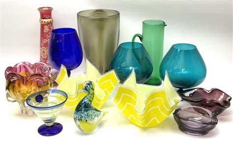 group  coloured glassware  include art glass examples including