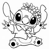 Stitch Coloring Cute Pages Printable Wears Lei sketch template