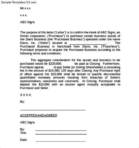 business purchase agreement letter sample templates sample templates