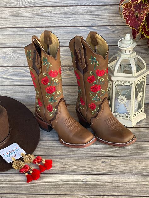 womens mexican boot handmade leather floral embroidered etsy