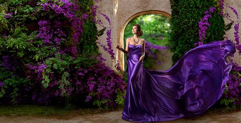 fashion model purple dress woman long silk gown violet garden flowers