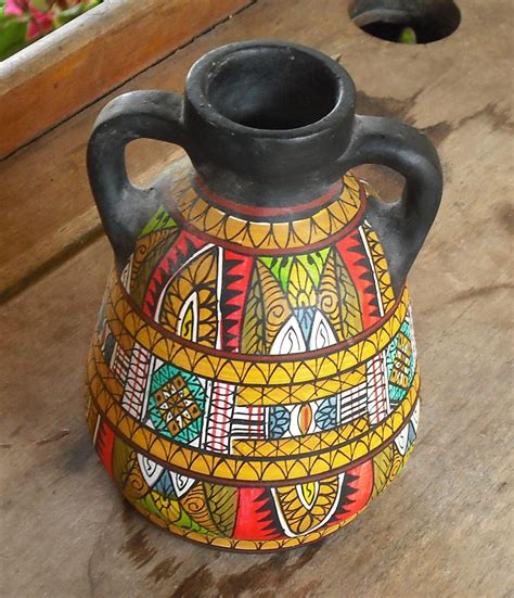 vintage clay pottery vase  handles black hand  suvasi