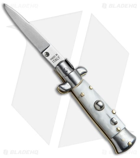 skm  italian mini stiletto automatic knife white pearlex swedge blade hq