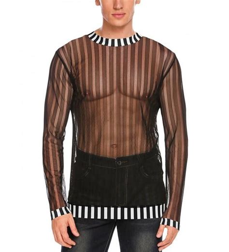 mens sexy mesh sheer see through long sleeve tops clubwear