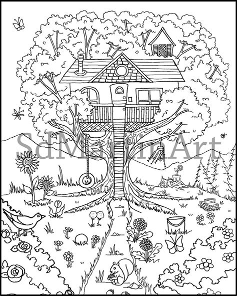 happy  tree house printable adult coloring book page etsy