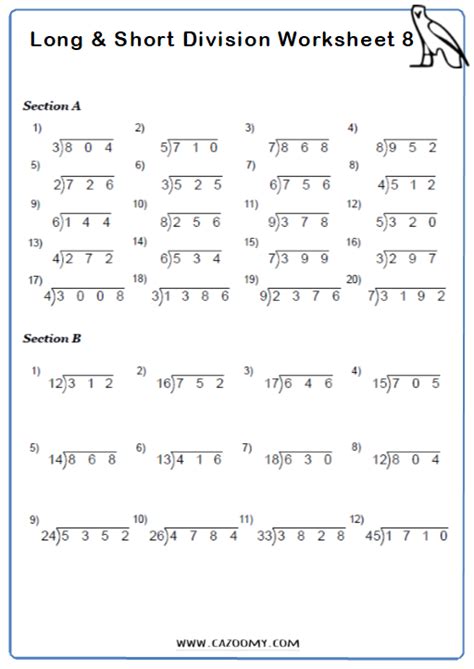 short division worksheets practice questions  answers cazoomy