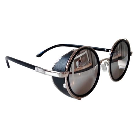 round sunglasses silver frames mirrored lenses and side shields