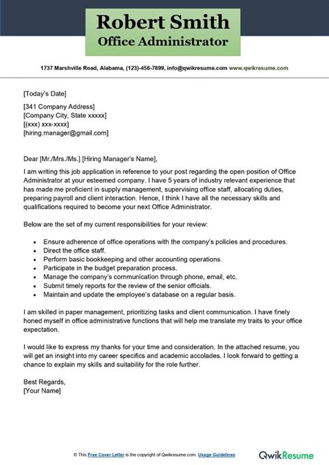 office administrator cover letter examples qwikresume