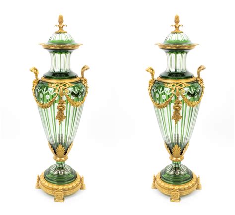 Pair Large Green Cut Crystal Glass Vases Ormolu Mounts