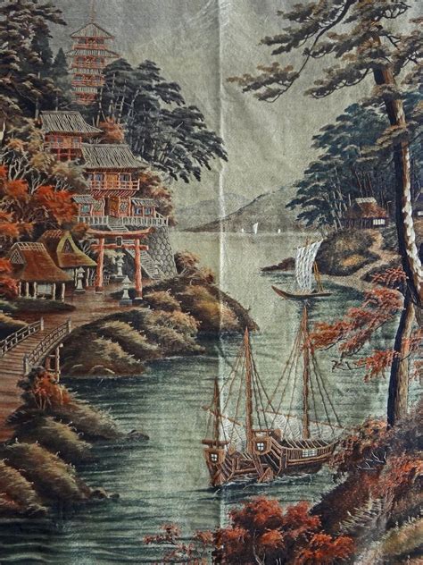 large    japanese meiji embroidered silk wall hanging tapestry