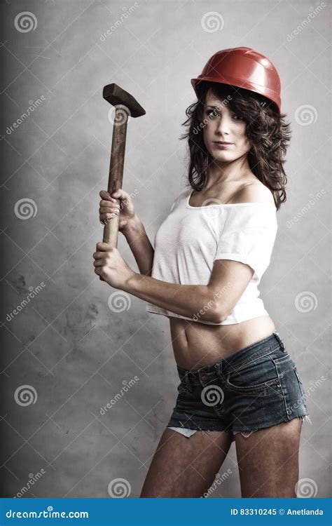 Girl In Safety Helmet Holding Hammer Tool Stock Image Image Of Strong