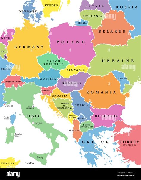 central europe colored countries political map  national borders