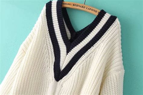 White Striped V Neck Cable Knit Sweater Shein Sheinside