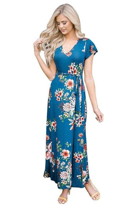hualong v neck short sleeve floral maxi dress online