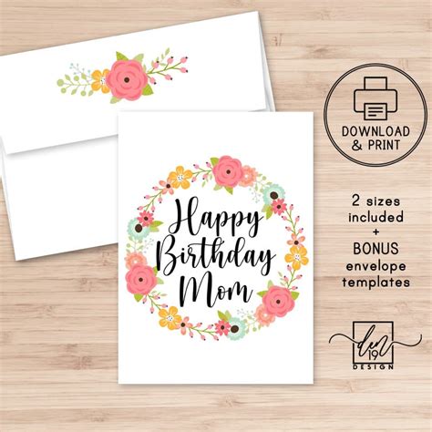 happy birthday mom printable card  envelope instant etsy