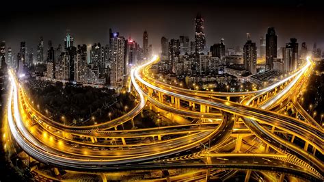 time lapse photography super skyway  night time shanghai cityscape skyscraper lights