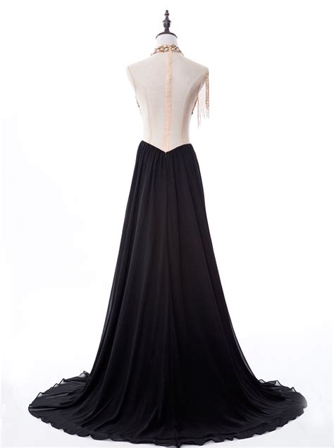 sexy a line high neck sweep train chiffon black prom dress with beading