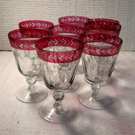set of 8 victorian cut ruby glass rim wine rummer