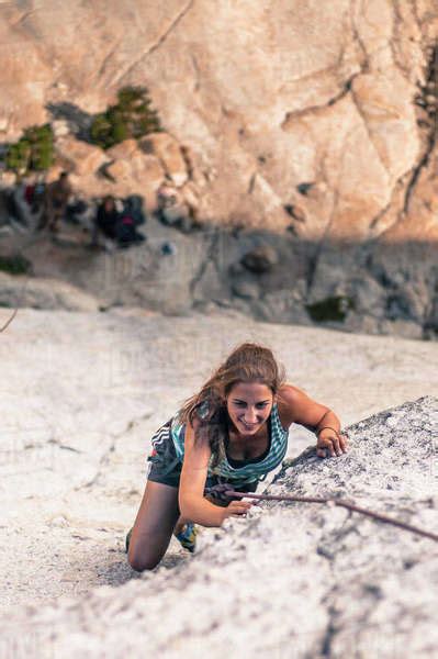 Woman Rock Climbing Yosemite National Park California Usa Stock