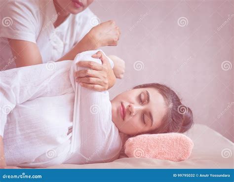 women  arm stretch  thai massage stock photo image  elbow
